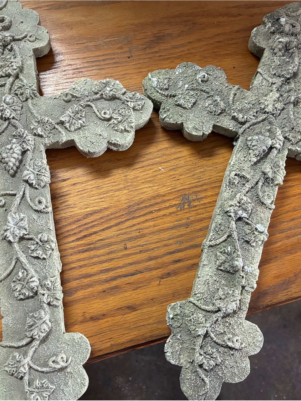 Decorative Floral Carved Wall Cross Pair - Sage Green